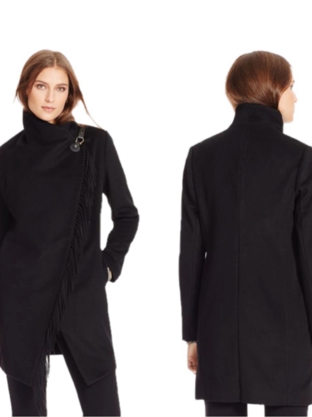 Ralph Lauren Black Asymmetrical Trench Coat with Fringe